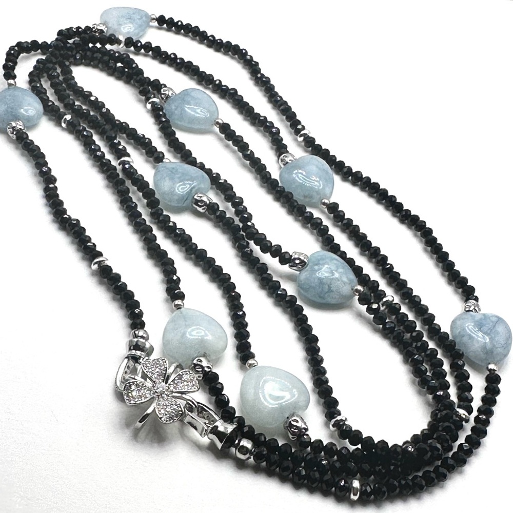 Elegant long Black Spinel and Aquamarine Necklace with Silver Highlights